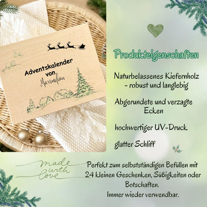 Adventskalender aus Holz personalisiert – kreative Holzkiste Weihnachten mit Namen, perfekt als DIY Adventskiste zum Selbstbefüllen. Diese hochwertige Adventsbox ohne Inhalt bietet Platz für kleine Geschenke, Schokolade oder liebevolle Überraschungen. Ideal für Familie, Kinder oder Paare als personalisiertes Weihnachtsgeschenk. Nachhaltig produziert, wiederverwendbar und stilvoll – ein Must-have für festliche Deko und persönliche Adventsfreude.