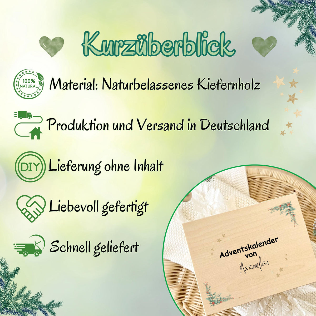Adventskalender aus Holz personalisiert – kreative Holzkiste Weihnachten mit Namen, perfekt als DIY Adventskiste zum Selbstbefüllen. Diese hochwertige Adventsbox ohne Inhalt bietet Platz für kleine Geschenke, Schokolade oder liebevolle Überraschungen. Ideal für Familie, Kinder oder Paare als personalisiertes Weihnachtsgeschenk. Nachhaltig produziert, wiederverwendbar und stilvoll – ein Must-have für festliche Deko und persönliche Adventsfreude.