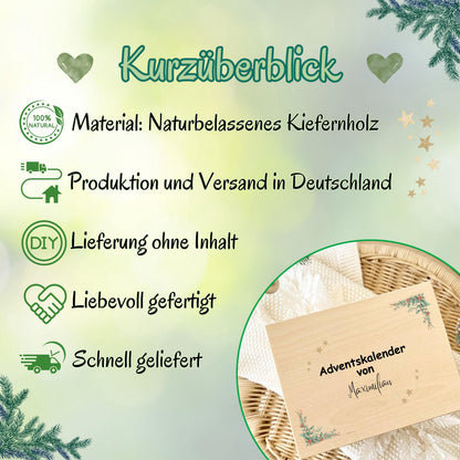 Adventskalender aus Holz personalisiert – kreative Holzkiste Weihnachten mit Namen, perfekt als DIY Adventskiste zum Selbstbefüllen. Diese hochwertige Adventsbox ohne Inhalt bietet Platz für kleine Geschenke, Schokolade oder liebevolle Überraschungen. Ideal für Familie, Kinder oder Paare als personalisiertes Weihnachtsgeschenk. Nachhaltig produziert, wiederverwendbar und stilvoll – ein Must-have für festliche Deko und persönliche Adventsfreude.