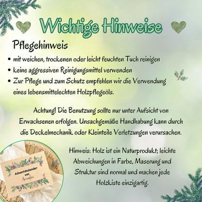 Adventskalender aus Holz personalisiert – kreative Holzkiste Weihnachten mit Namen, perfekt als DIY Adventskiste zum Selbstbefüllen. Diese hochwertige Adventsbox ohne Inhalt bietet Platz für kleine Geschenke, Schokolade oder liebevolle Überraschungen. Ideal für Familie, Kinder oder Paare als personalisiertes Weihnachtsgeschenk. Nachhaltig produziert, wiederverwendbar und stilvoll – ein Must-have für festliche Deko und persönliche Adventsfreude.