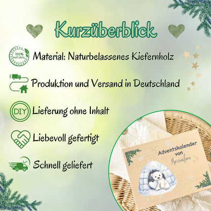 Adventskalender Holzbox personalisiert – liebevoll bedruckte Holzkiste Weihnachten mit Namen, ideal zum Selbstbefüllen. Diese DIY Adventskiste ohne Inhalt ist perfekt für Kinder, Familie oder Freunde als kreative Geschenkidee Weihnachten. Nachhaltig gefertigt, langlebig und vielseitig nutzbar – ob als Aufbewahrungsbox, Adventsdekoration oder personalisierte Geschenkverpackung für 24 kleine Überraschungen. Geschenkbox Adventskalender personalisiert Holzkiste mit Namen