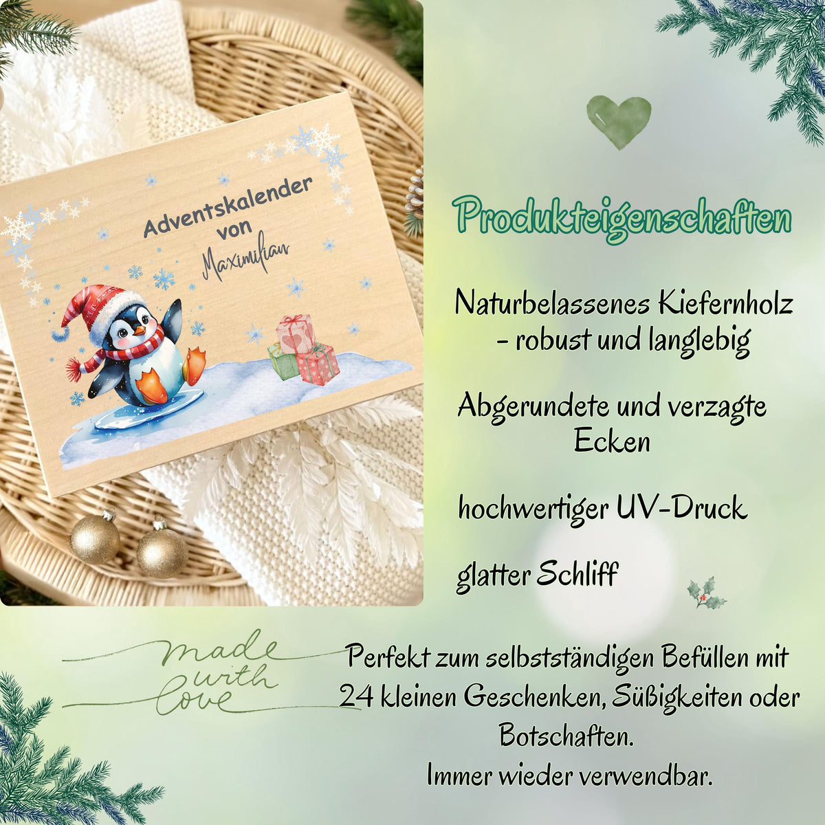 Personalisierte Adventskiste aus Holz mit Namen – hochwertige DIY Adventskalender-Holzkiste Weihnachten zum Selbstbefüllen. Diese nachhaltige Holzbox ohne Inhalt ist ideal für 24 kleine Geschenke, Süßigkeiten, Briefe oder Deko. Perfekt als kreative Geschenkidee Weihnachten für Kinder, Eltern oder Partner. Die Adventskiste Holz personalisiert verbindet Stil, Nachhaltigkeit und persönliche Note. Wiederverwendbar, langlebig und liebevoll ein einzigartiges Weihnachtsgeschenk mit Erinnerungswert.