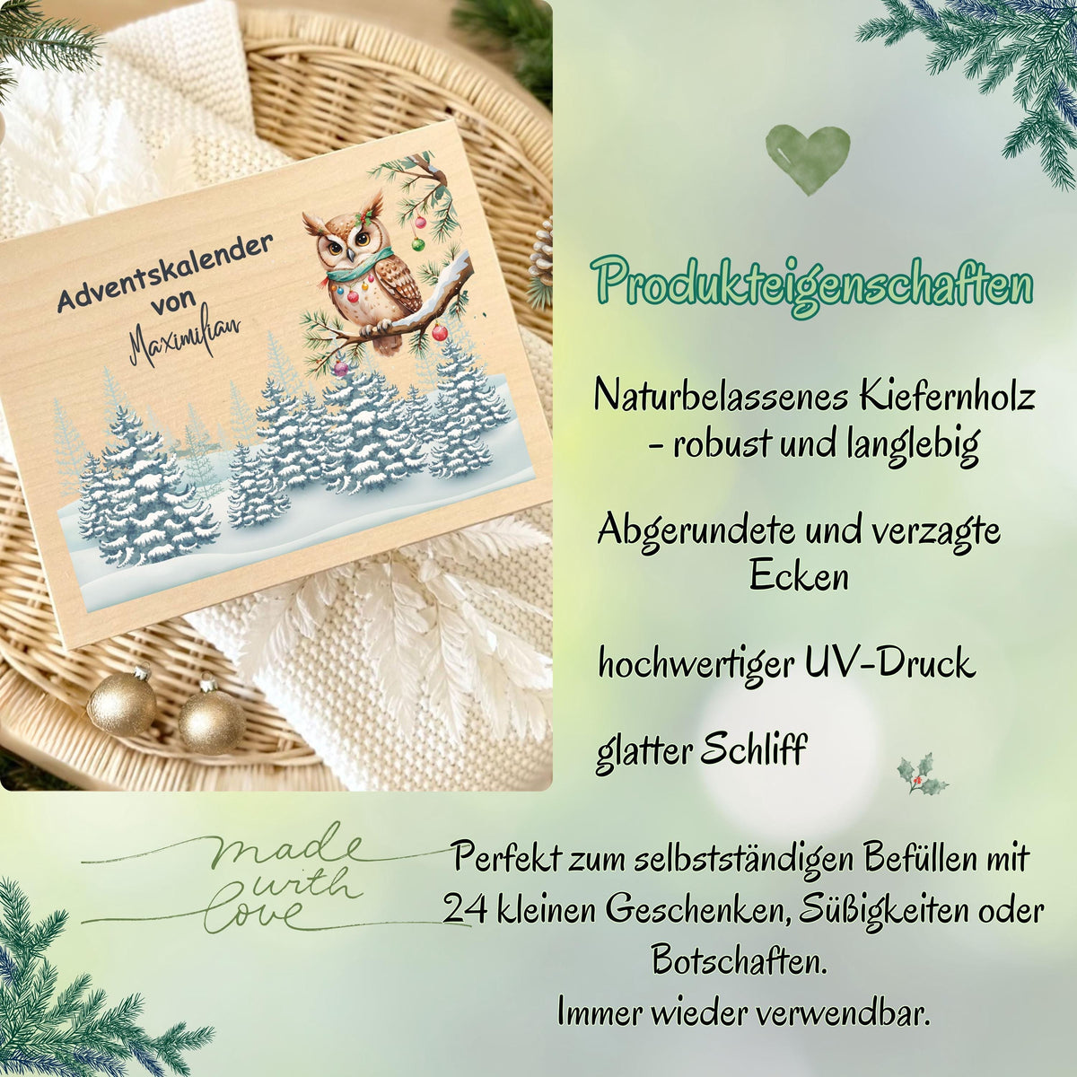 Adventskalender Holz personalisiert mit Namen – liebevoll gestaltete Weihnachtskiste für Kinder, Eltern und Großeltern. Diese Holzkiste Weihnachten ohne Inhalt ist perfekt zum Selbstbefüllen mit Süßigkeiten, Spielsachen oder kleinen Überraschungen. Als DIY Adventskalender aus Holz sorgt sie für gemeinsame Familienmomente. Nachhaltig produziert, wiederverwendbar und personalisierbar – eine originelle Geschenkidee Weihnachten, die den Advent zu einem besonderen Erlebnis macht. Adventskiste