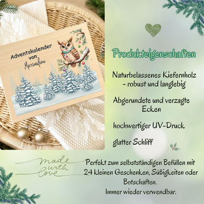 Adventskalender Holz personalisiert mit Namen – liebevoll gestaltete Weihnachtskiste für Kinder, Eltern und Großeltern. Diese Holzkiste Weihnachten ohne Inhalt ist perfekt zum Selbstbefüllen mit Süßigkeiten, Spielsachen oder kleinen Überraschungen. Als DIY Adventskalender aus Holz sorgt sie für gemeinsame Familienmomente. Nachhaltig produziert, wiederverwendbar und personalisierbar – eine originelle Geschenkidee Weihnachten, die den Advent zu einem besonderen Erlebnis macht. Adventskiste