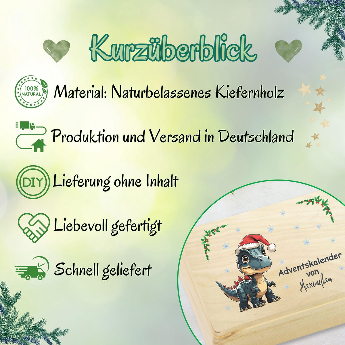 Nachhaltiger Adventskalender Holz personalisiert – Adventskiste mit Namen zum Befüllen. Diese umweltfreundliche Holzkiste Weihnachten ohne Inhalt ist wiederverwendbar und ideal für kreative Köpfe. Ob als DIY Adventskalender, Geschenkverpackung oder Aufbewahrungsbox – sie bringt Wärme und Individualität in die Weihnachtszeit. Hergestellt aus stabilem Holz, hochwertig bedruckt und langlebig, eine nachhaltige Geschenkidee Weihnachten für Familie und Freunde Adventskalender zum Befüllen Adventskiste