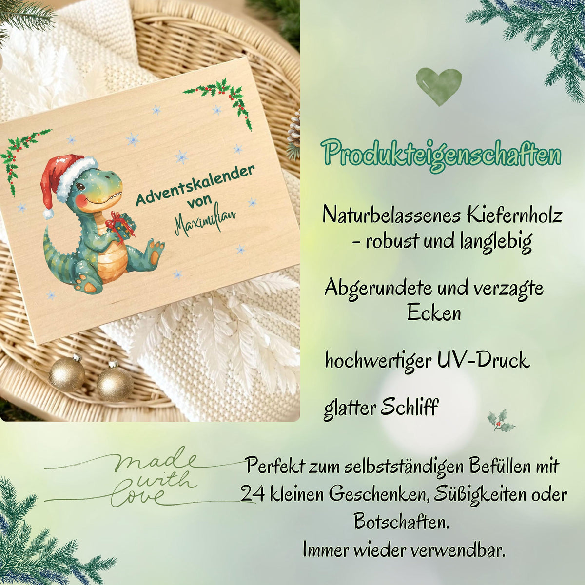 Personalisierte Adventskiste aus Holz mit Namen – hochwertige Adventskalender-Kiste Weihnachten zum Selbstbefüllen, ideal für Kinder, Eltern oder Paare. Diese Holzkiste ohne Inhalt eignet sich perfekt für 24 kleine Geschenke, Süßigkeiten, Briefe oder Deko. Nachhaltiger Adventskalender Holz personalisiert, wiederverwendbar und langlebig. Perfekt als DIY-Projekt für den Advent – dekorativ, individuell bedruckt und jedes Jahr nutzbar. Ideal als Adventskiste Holz für Familie, Kinder und Freunde
