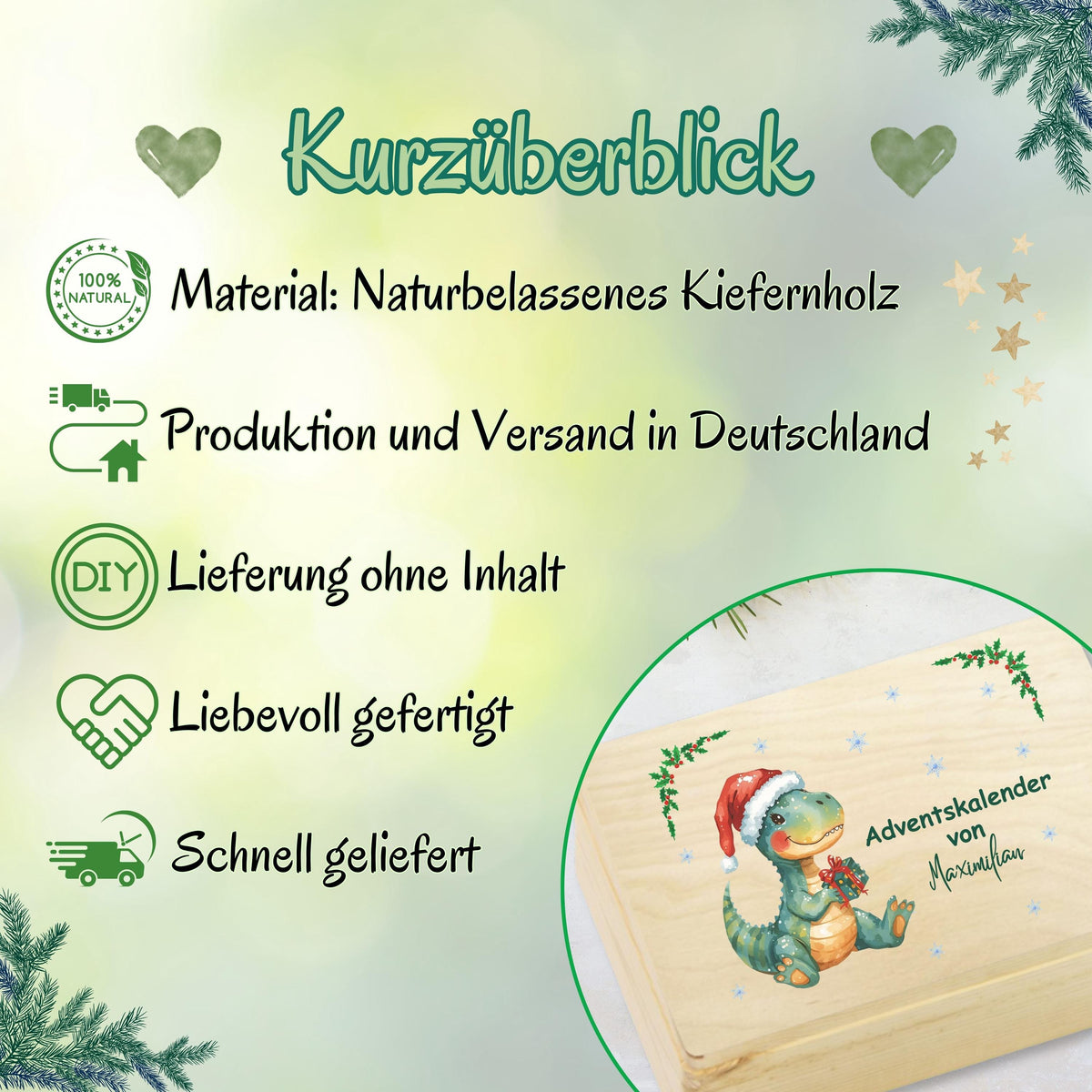 Personalisierte Adventskiste aus Holz mit Namen – hochwertige Adventskalender-Kiste Weihnachten zum Selbstbefüllen, ideal für Kinder, Eltern oder Paare. Diese Holzkiste ohne Inhalt eignet sich perfekt für 24 kleine Geschenke, Süßigkeiten, Briefe oder Deko. Nachhaltiger Adventskalender Holz personalisiert, wiederverwendbar und langlebig. Perfekt als DIY-Projekt für den Advent – dekorativ, individuell bedruckt und jedes Jahr nutzbar. Ideal als Adventskiste Holz für Familie, Kinder und Freunde