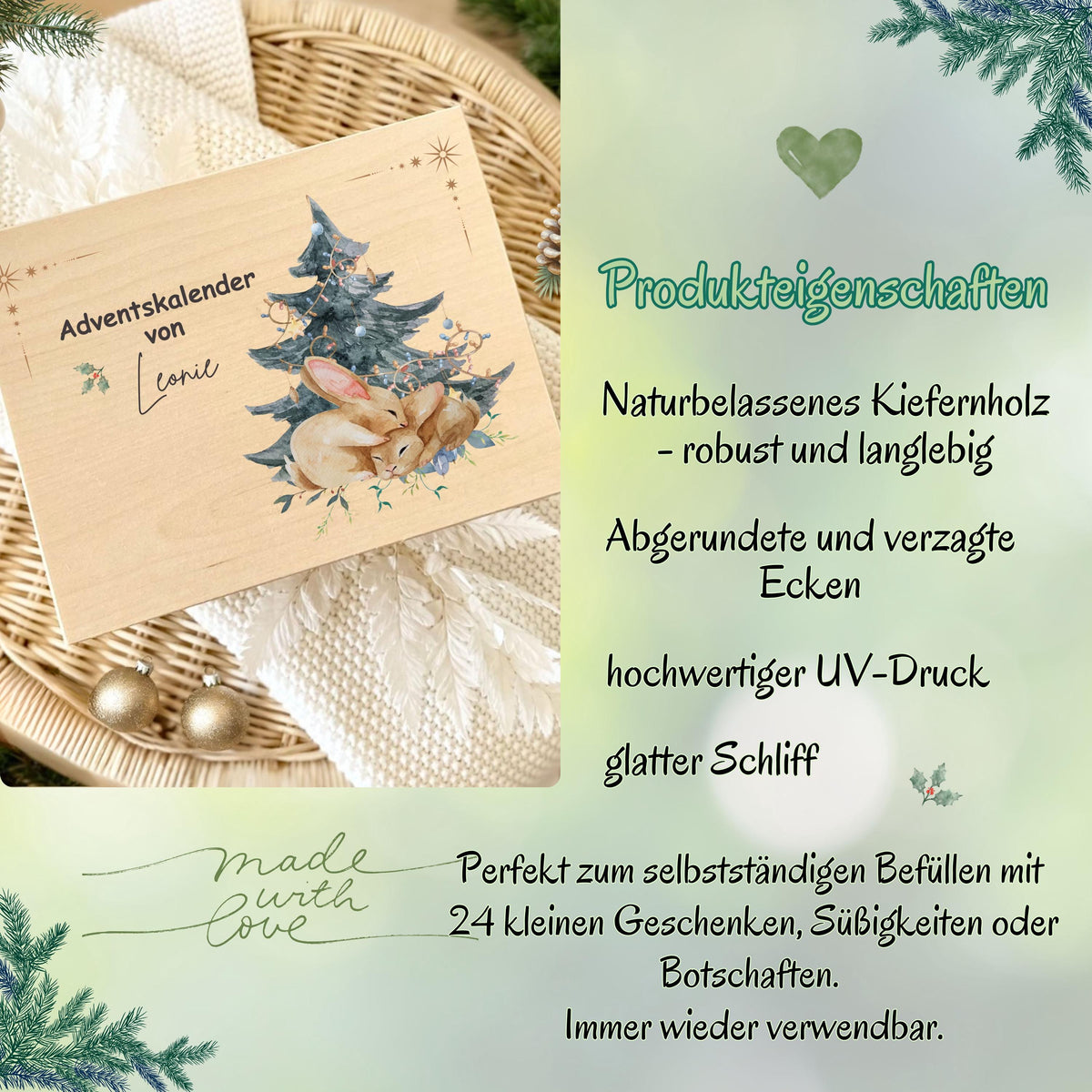 Personalisierte Adventskiste aus Holz mit Namen – hochwertige Adventskalender-Kiste Weihnachten zum Selbstbefüllen, ideal für Kinder, Eltern oder Paare. Diese Holzkiste ohne Inhalt eignet sich perfekt für 24 kleine Geschenke, Süßigkeiten, Briefe oder Deko. Nachhaltiger Adventskalender Holz personalisiert, wiederverwendbar und langlebig. Perfekt als DIY-Projekt für den Advent – dekorativ, individuell bedruckt und jedes Jahr nutzbar. Ideal als Adventskiste Holz für Familie, Kinder und Freunde