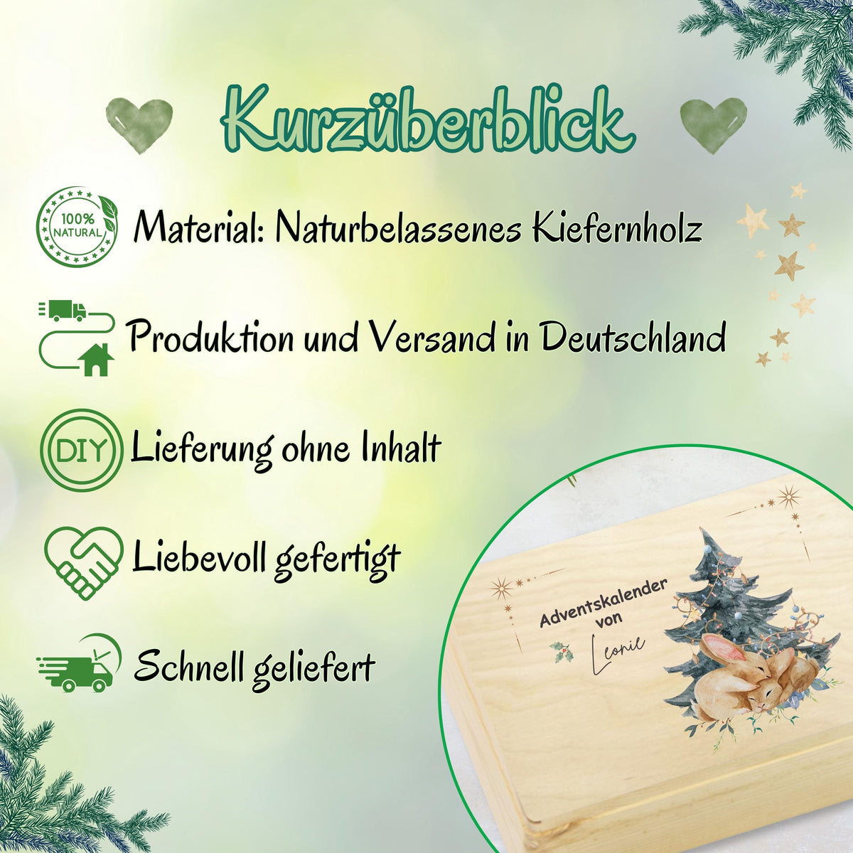 Personalisierte Adventskiste aus Holz mit Namen – hochwertige Adventskalender-Kiste Weihnachten zum Selbstbefüllen, ideal für Kinder, Eltern oder Paare. Diese Holzkiste ohne Inhalt eignet sich perfekt für 24 kleine Geschenke, Süßigkeiten, Briefe oder Deko. Nachhaltiger Adventskalender Holz personalisiert, wiederverwendbar und langlebig. Perfekt als DIY-Projekt für den Advent – dekorativ, individuell bedruckt und jedes Jahr nutzbar. Ideal als Adventskiste Holz für Familie, Kinder und Freunde