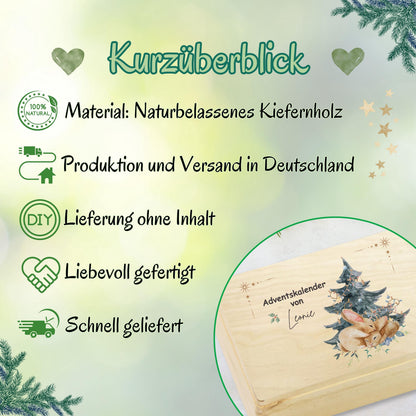 Personalisierte Adventskiste aus Holz mit Namen – hochwertige Adventskalender-Kiste Weihnachten zum Selbstbefüllen, ideal für Kinder, Eltern oder Paare. Diese Holzkiste ohne Inhalt eignet sich perfekt für 24 kleine Geschenke, Süßigkeiten, Briefe oder Deko. Nachhaltiger Adventskalender Holz personalisiert, wiederverwendbar und langlebig. Perfekt als DIY-Projekt für den Advent – dekorativ, individuell bedruckt und jedes Jahr nutzbar. Ideal als Adventskiste Holz für Familie, Kinder und Freunde