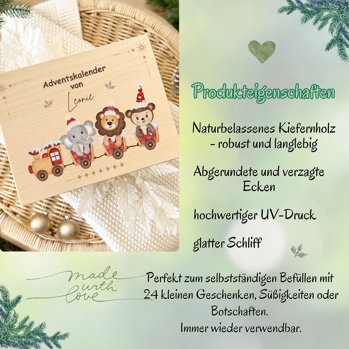 Nachhaltiger Adventskalender Holz personalisiert mit Namen – Adventskiste Weihnachten ohne Inhalt, ideal zum Selbstbefüllen. Diese wiederverwendbare Holzkiste ist robust, umweltfreundlich und ideal für kreative Familien, die ihren Advent individuell gestalten möchten. DIY-Adventskiste mit Gravur oder Druck – langlebig, hochwertig und stilvoll. Perfekt zum Befüllen mit Süßigkeiten, Briefen oder kleinen Geschenken. Personalisierte Adventskiste Holz für Familie, Kinder oder Paare