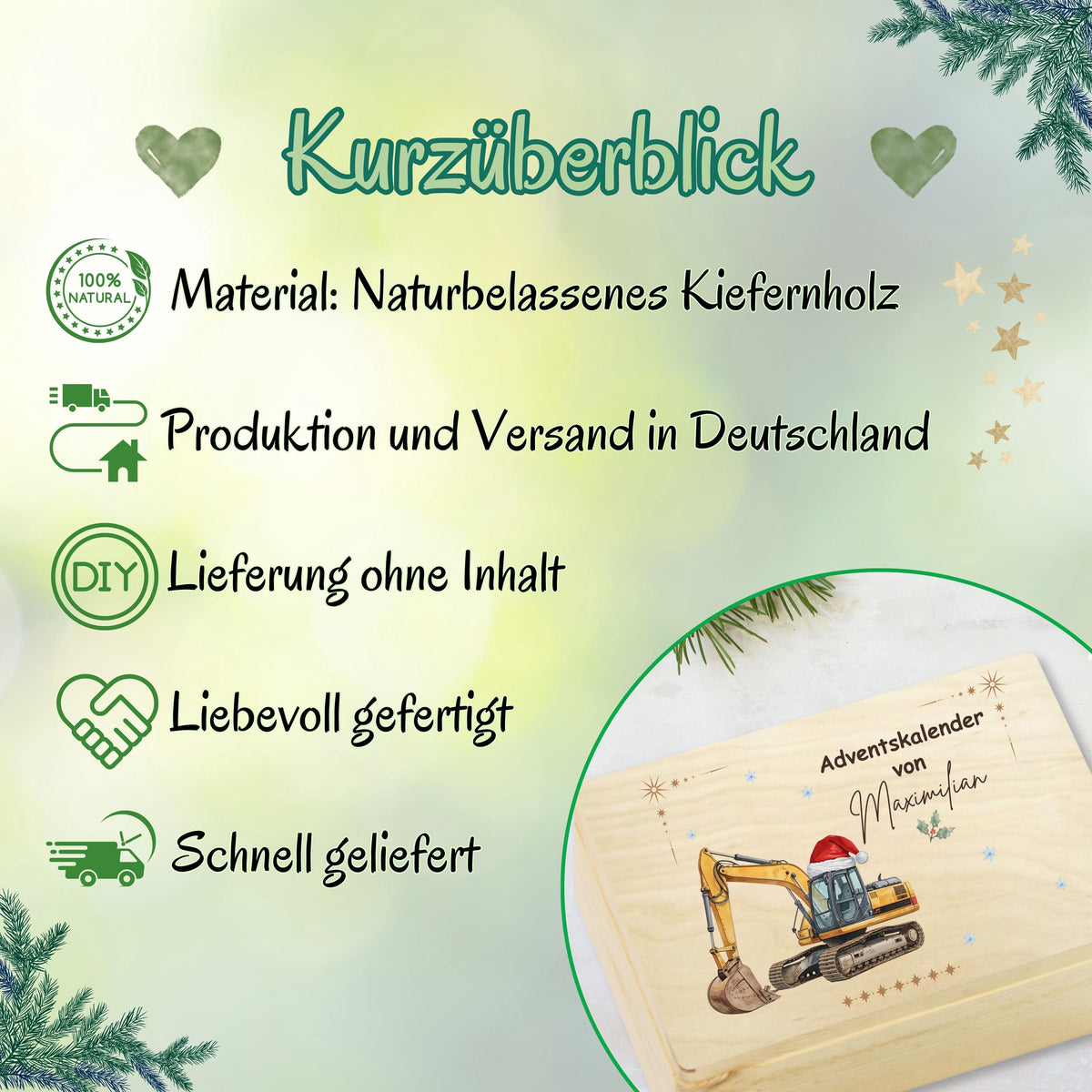 Personalisierte Adventskiste Holz mit Namen – edler Adventskalender ohne Inhalt zum Selbstbefüllen. Diese hochwertige Holzkiste Weihnachten ist robust, wiederverwendbar und dekorativ. Perfekt als DIY-Adventskalender Holz für Kinder, Eltern oder Partner. Mit Platz für 24 Geschenke und nachhaltiger Fertigung ist sie eine zeitlose Alternative zu klassischen Adventskalendern. Adventskiste Holz personalisiert – einzigartig, langlebig und liebevoll gestaltet. Geschenkbox Holz Weihnachten Advent