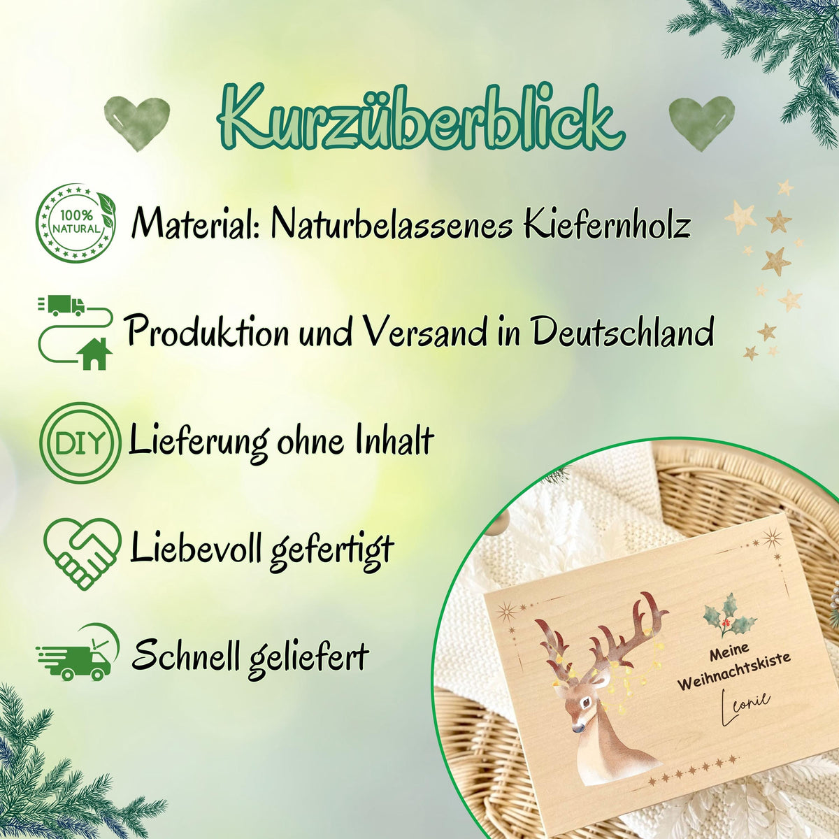 Holzkiste Weihnachten personalisiert – Geschenkbox mit Namen aus Holz für besondere Weihnachtsmomente. Diese Adventskiste eignet sich perfekt als Aufbewahrungsbox, Adventskalender zum Befüllen oder als Weihnachtsgeschenk für Familie, Kinder und Freunde. Nachhaltig, hochwertig und vielseitig – ideal als Geschenkverpackung, Erinnerungsbox oder DIY-Weihnachtsüberraschung. Ein Must-have für alle, die personalisierte Weihnachtsgeschenke lieben.