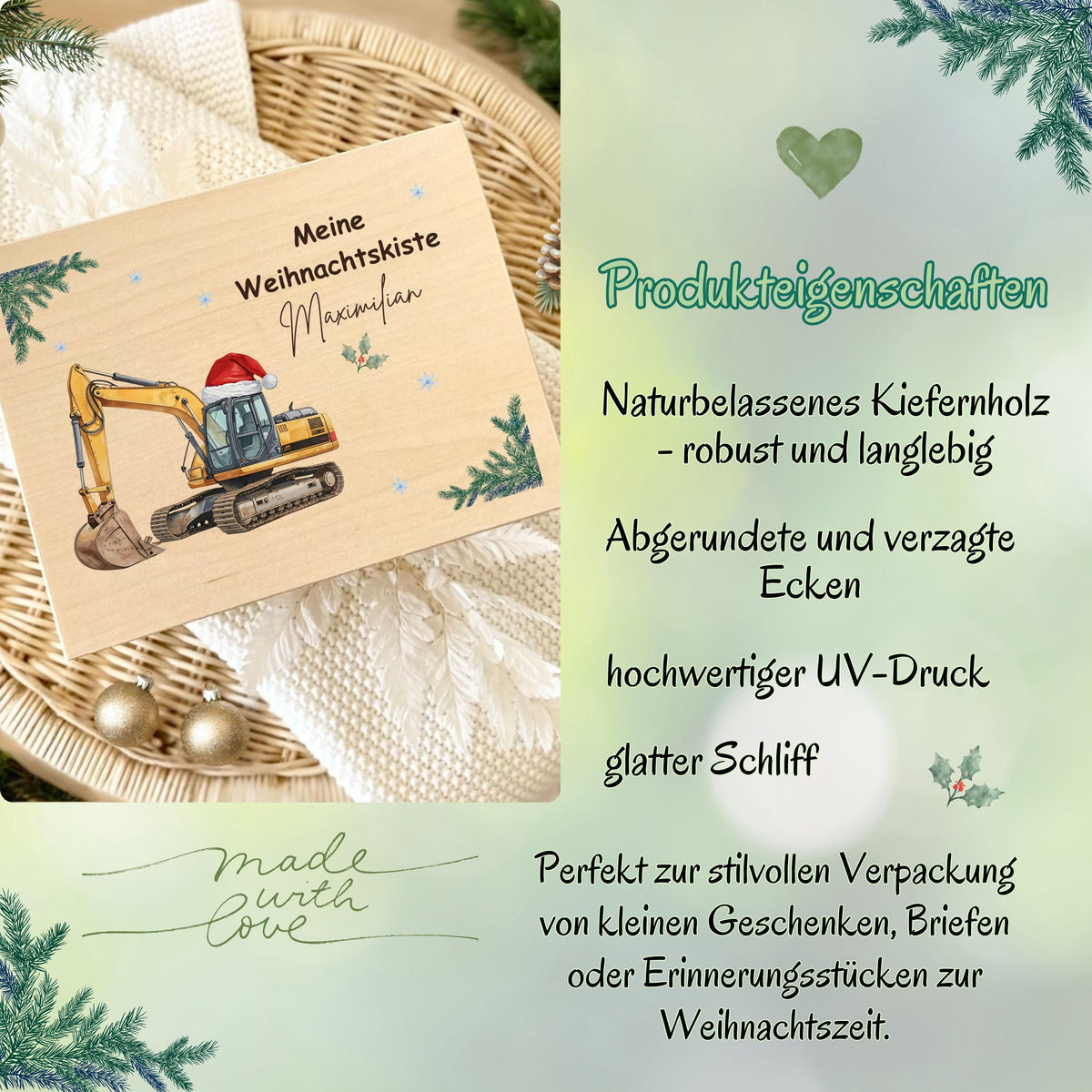 Weihnachtsbox Holz personalisiert – elegante Holzkiste Weihnachten mit Namen, perfekt als Geschenkverpackung, Adventskiste oder DIY-Adventskalender zum Befüllen. Diese hochwertige Geschenkbox ist nachhaltig produziert, robust und ideal für kleine Geschenke, Leckereien oder persönliche Überraschungen. Ob für Kinder, Eltern oder Freunde – eine stilvolle, wiederverwendbare Weihnachtskiste aus Holz, die Freude schenkt und Erinnerungen schafft. Einzigartiges Weihnachtsgeschenk mit persönlicher Note.