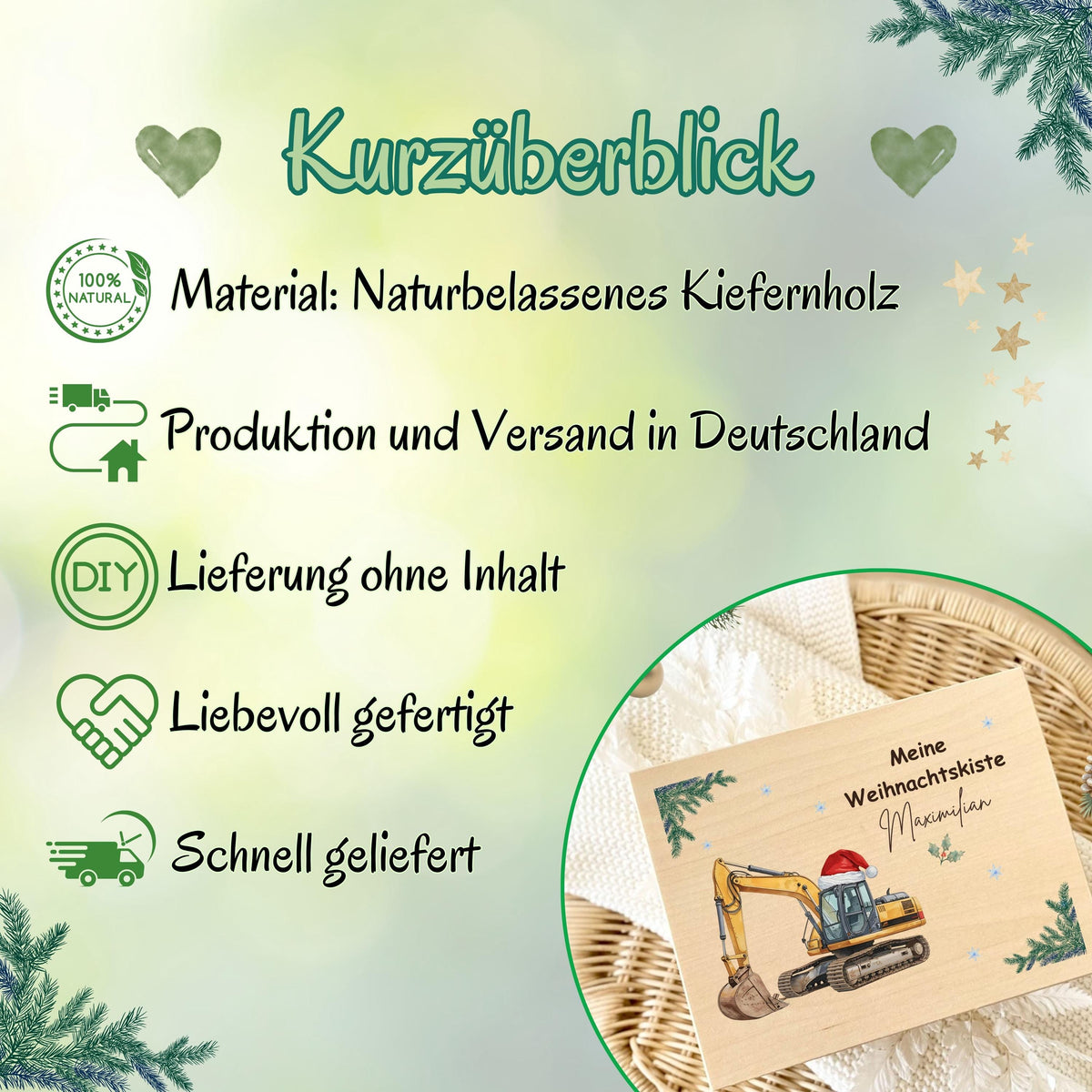 Weihnachtsbox Holz personalisiert – elegante Holzkiste Weihnachten mit Namen, perfekt als Geschenkverpackung, Adventskiste oder DIY-Adventskalender zum Befüllen. Diese hochwertige Geschenkbox ist nachhaltig produziert, robust und ideal für kleine Geschenke, Leckereien oder persönliche Überraschungen. Ob für Kinder, Eltern oder Freunde – eine stilvolle, wiederverwendbare Weihnachtskiste aus Holz, die Freude schenkt und Erinnerungen schafft. Einzigartiges Weihnachtsgeschenk mit persönlicher Note.