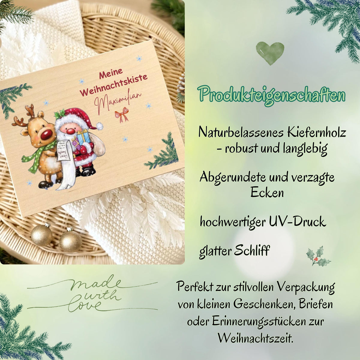 Personalisierte Adventskiste aus Holz mit Namen – hochwertige Weihnachtsbox als nachhaltige Geschenkverpackung, Aufbewahrungsbox oder DIY-Adventskalender zum Befüllen. Die Holzkiste Weihnachten bietet Platz für kleine Geschenke, Schokolade, Briefe oder Fotos und ist eine liebevolle Geschenkidee für Kinder, Familie oder Freunde. Hochwertig verarbeitet, wiederverwendbar und stilvoll – ein zeitloses, persönliches Weihnachtsgeschenk mit Erinnerungswert und festlichem Design.