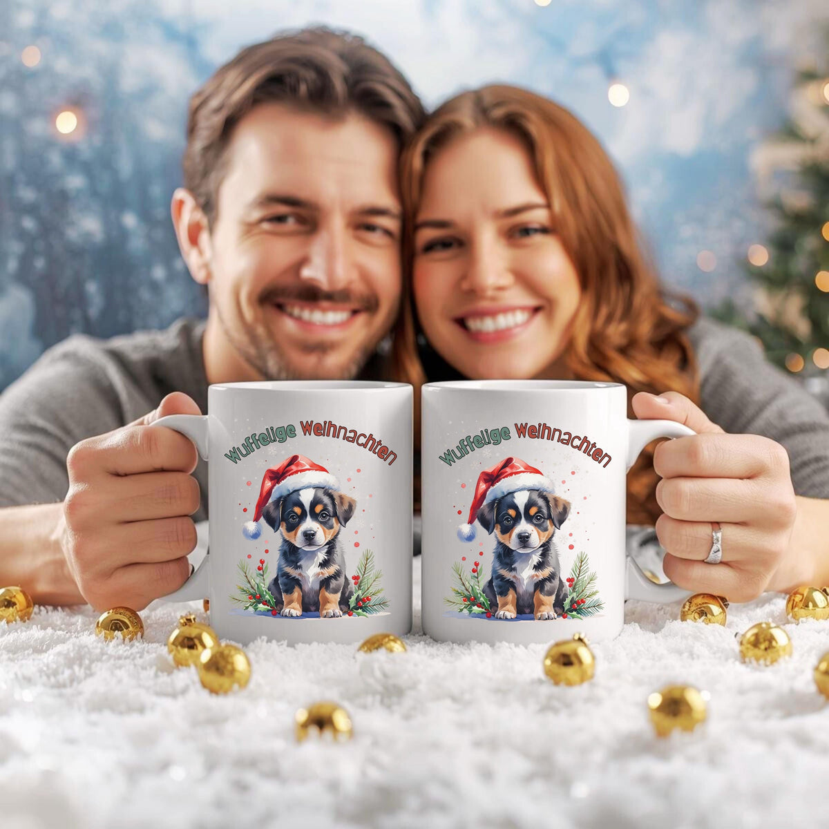 Lustige Weihnachtstasse mit Hundemotiv: Süßer Welpe mit Weihnachtsmütze und Mistelzweigen vor winterlichem Hintergrund. Die Aufschrift „Wuffelige Weihnachten“ macht die Tasse zum idealen Weihnachtsgeschenk für Hundeliebhaber. Perfekt als Wichtelgeschenk Idee, kleines Geschenk Weihnachten oder Glühweintasse. Diese hochwertige Tasse Weihnachten eignet sich wunderbar als Weihnachtsgeschenk Freundin, Geschenk für Mama oder Kollegin Geschenk. Ein liebevoller Hingucker für gemütliche Adventsmomente.
