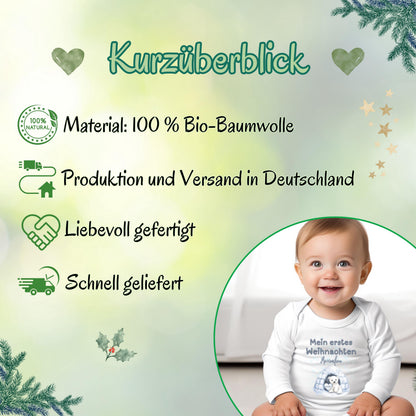 Langarm Babybody Weihnachten aus 100 % Bio-Baumwolle – ideales Geschenk für Babys erstes Weihnachten. Perfekt als Outfit für Fotoshooting oder Familienfeier. Dieser Weihnachtsbody für Babys ist angenehm weich, hochwertig bedruckt und ideal für Mädchen und Jungen. Geschenkidee für Baby zur Weihnachtszeit, süßes Erinnerungsstück ‚Mein erstes Weihnachten‘. Body langarm Baby, Weihnachtsbody Baby, Babybody mit Namen, erste Weihnachten Outfit und Geschenk Babys Weihnachten.