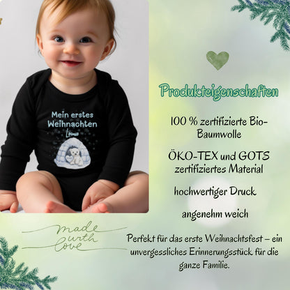 Langarm Babybody Weihnachten aus 100 % Bio-Baumwolle – ideales Geschenk für Babys erstes Weihnachten. Perfekt als Outfit für Fotoshooting oder Familienfeier. Dieser Weihnachtsbody für Babys ist angenehm weich, hochwertig bedruckt und ideal für Mädchen und Jungen. Geschenkidee für Baby zur Weihnachtszeit, süßes Erinnerungsstück ‚Mein erstes Weihnachten‘. Body langarm Baby, Weihnachtsbody Baby, Babybody mit Namen, erste Weihnachten Outfit und Geschenk Babys Weihnachten.