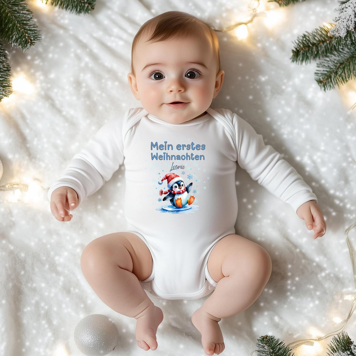 Liebevoll gestalteter Babybody Langarm für Babys erstes Weihnachtsfest. Hergestellt aus weicher, hautfreundlicher Baumwolle und individuell mit dem Namen personalisiert. Ideal für Weihnachtsfotos, Familienfeiern oder als besonderes Geschenk für Eltern und Großeltern. Dieser Body Weihnachten Baby kombiniert Komfort, Qualität und Erinnerungswert – ein Highlight unter dem Weihnachtsbaum.