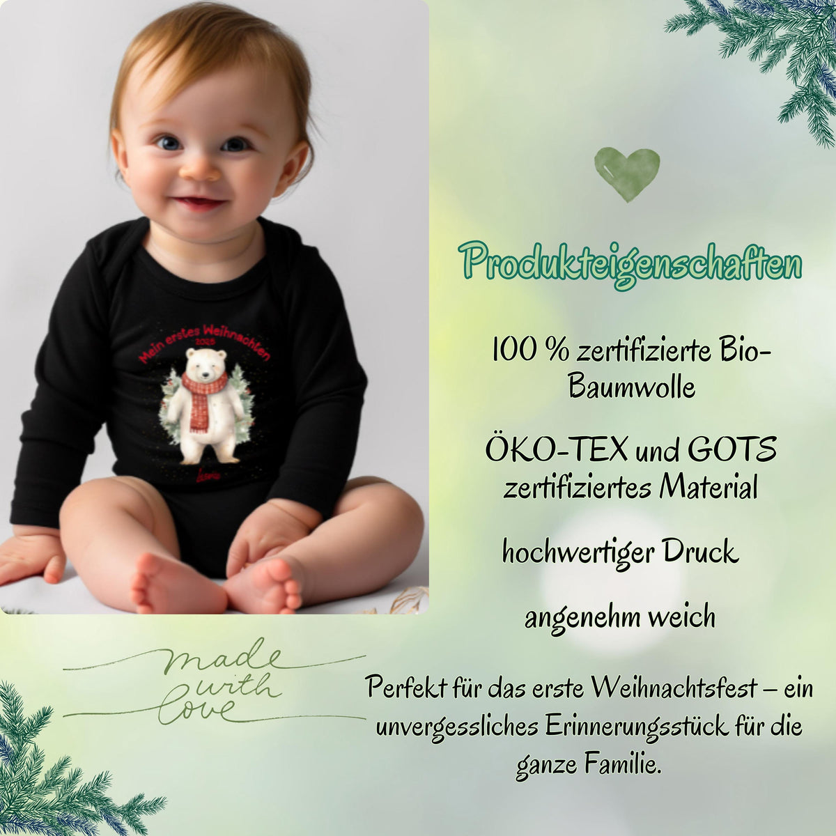 Weihnachtsbody Baby Langarm – personalisiert mit dem Namen deines Babys. Dieser Body ist das perfekte Outfit für das erste Weihnachtsfest und ein besonderes Geschenk für Eltern oder Paten. Weiche Baumwolle, hohe Druckqualität und pflegeleichte Eigenschaften machen ihn ideal für Fotoshootings und Familienfeiern. Ein praktisches und emotionales Geschenk für die Weihnachtszeit.