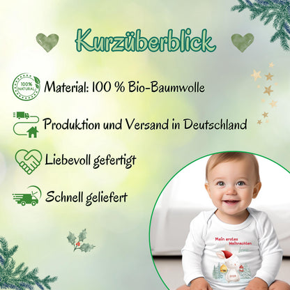 Weicher Babybody Langarm mit dem Schriftzug „Mein erstes Weihnachten“. Dieses süße Outfit ist ideal für Fotoshootings, Familienfeiern oder als Geschenk zum ersten Weihnachtsfest. Der Body besteht aus atmungsaktiver Baumwolle und kombiniert Komfort mit festlichem Design. Eine liebevolle Geschenkidee für Eltern und Großeltern.Weihnachtsbody Baby Langarm – personalisiert mit dem Namen deines Babys.  Dieser Body ist das perfekte Outfit für das erste Weihnachtsfest und ein besonderes Geschenk