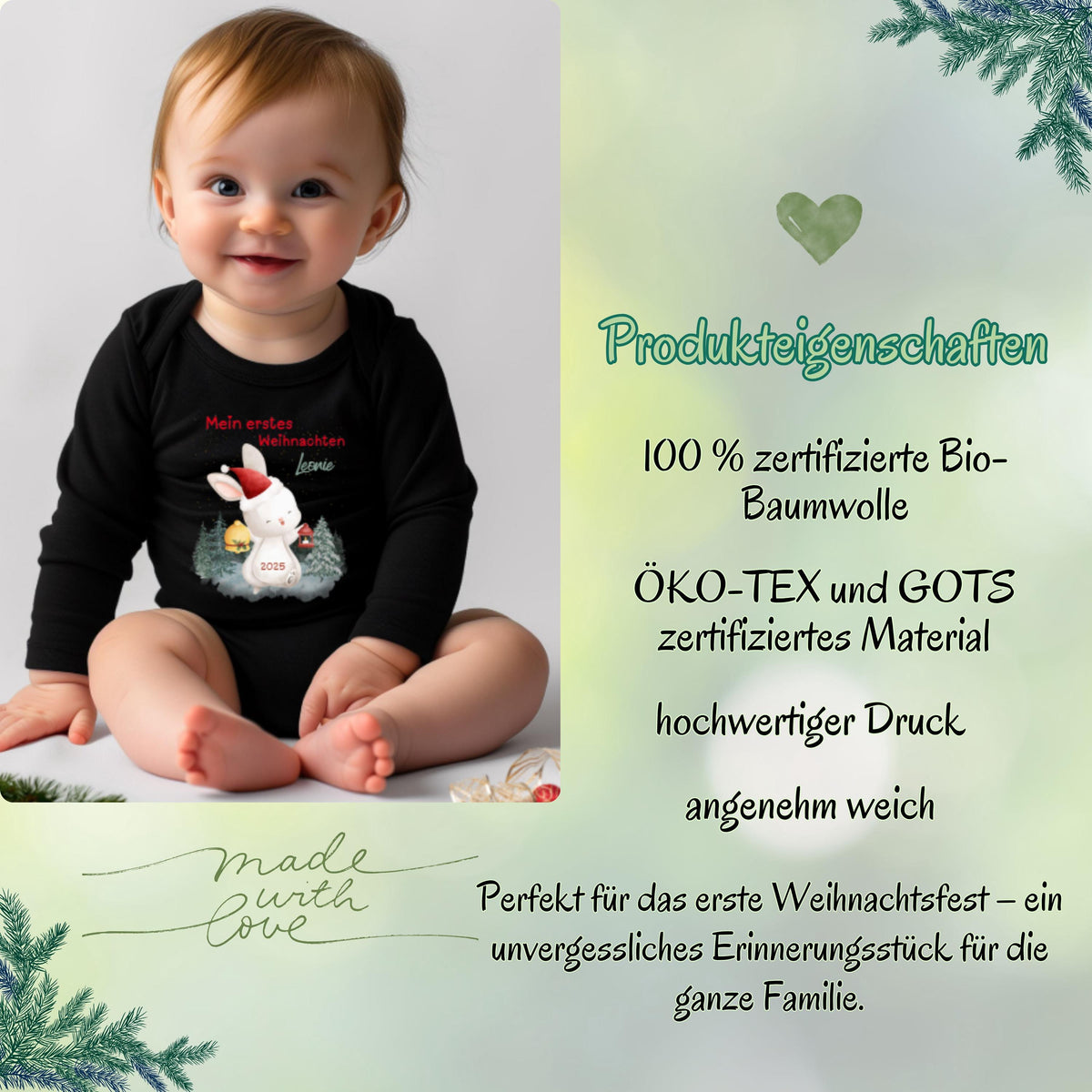 Weicher Babybody Langarm mit dem Schriftzug „Mein erstes Weihnachten“. Dieses süße Outfit ist ideal für Fotoshootings, Familienfeiern oder als Geschenk zum ersten Weihnachtsfest. Der Body besteht aus atmungsaktiver Baumwolle und kombiniert Komfort mit festlichem Design. Eine liebevolle Geschenkidee für Eltern und Großeltern.Weihnachtsbody Baby Langarm – personalisiert mit dem Namen deines Babys.  Dieser Body ist das perfekte Outfit für das erste Weihnachtsfest und ein besonderes Geschenk