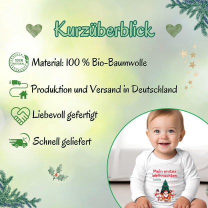 Weicher Babybody Langarm mit Personalisierung – perfekt für das erste Weihnachtsfest. Der Body überzeugt durch seine hochwertige Verarbeitung, den angenehmen Tragekomfort und den liebevollen Aufdruck „Mein erstes Weihnachten“. Mit Namensdruck wird er zu einem persönlichen Erinnerungsstück und eignet sich wunderbar für Familienfotos, Feiern oder als Geschenkidee für Eltern, Paten und Großeltern.Ideal als Weihnachtsgeschenk für Eltern oder Großeltern, als Outfit für Fotoshootings