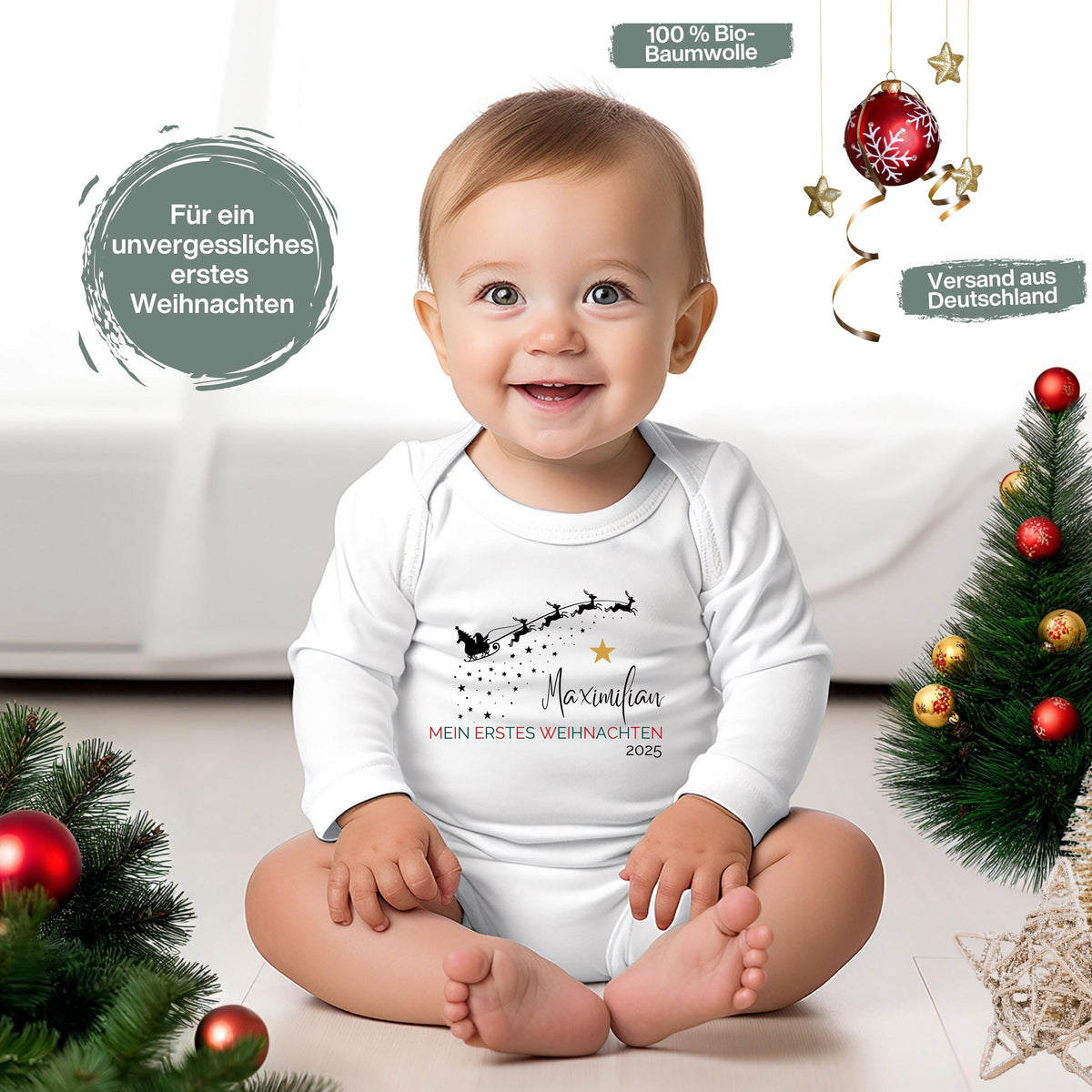Hochwertiger Langarm-Babybody Weihnachten mit dem Schriftzug „Mein erstes Weihnachten“. Personalisierbar mit Namen und gefertigt aus angenehm weicher Baumwolle. Der Body eignet sich perfekt als Weihnachtsoutfit für Babys erstes Fest, für Familienfotos oder als besonderes Geschenk. Mit liebevollem Design, langlebigem Druck und bequemer Passform ist dieser Weihnachtsbody Baby ein wunderschönes Erinnerungsstück für Eltern und Großeltern.