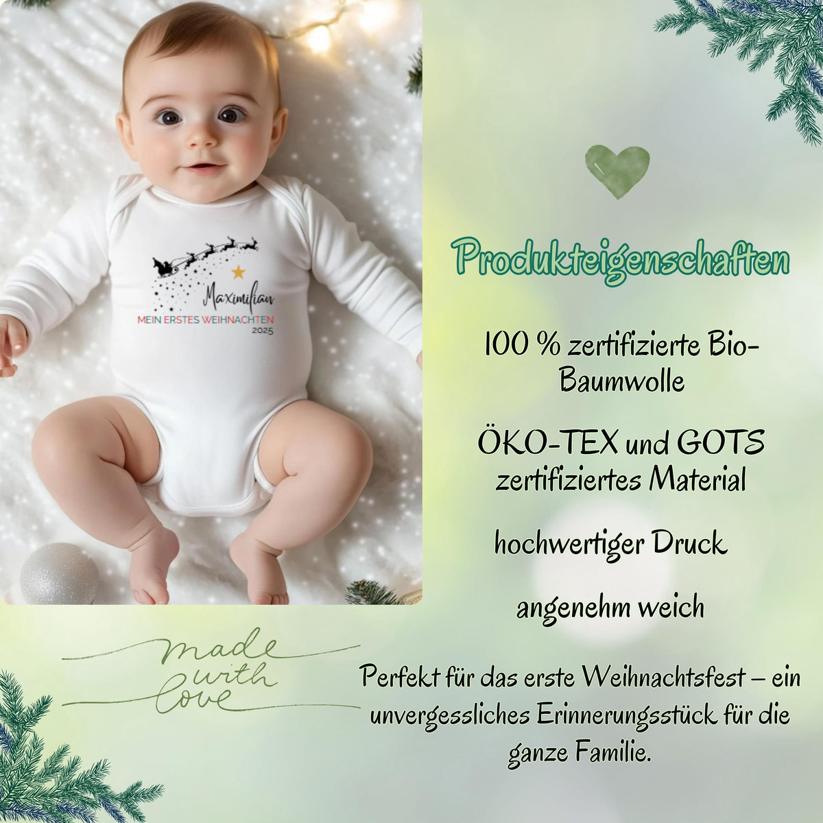 Hochwertiger Langarm-Babybody Weihnachten mit dem Schriftzug „Mein erstes Weihnachten“. Personalisierbar mit Namen und gefertigt aus angenehm weicher Baumwolle. Der Body eignet sich perfekt als Weihnachtsoutfit für Babys erstes Fest, für Familienfotos oder als besonderes Geschenk. Mit liebevollem Design, langlebigem Druck und bequemer Passform ist dieser Weihnachtsbody Baby ein wunderschönes Erinnerungsstück für Eltern und Großeltern.
