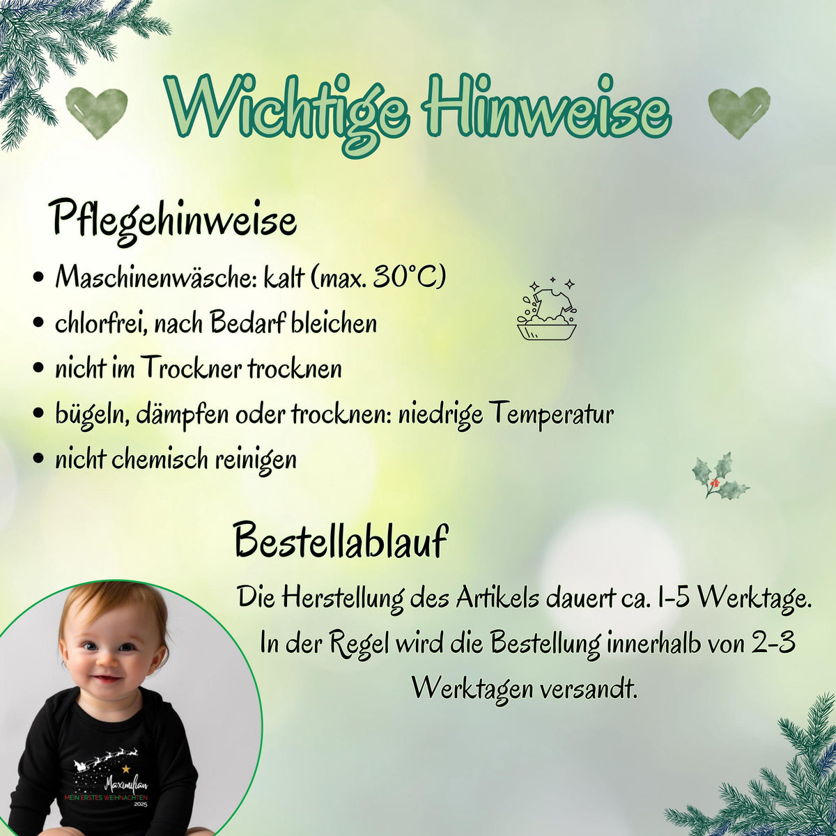 Hochwertiger Langarm-Babybody Weihnachten mit dem Schriftzug „Mein erstes Weihnachten“. Personalisierbar mit Namen und gefertigt aus angenehm weicher Baumwolle. Der Body eignet sich perfekt als Weihnachtsoutfit für Babys erstes Fest, für Familienfotos oder als besonderes Geschenk. Mit liebevollem Design, langlebigem Druck und bequemer Passform ist dieser Weihnachtsbody Baby ein wunderschönes Erinnerungsstück für Eltern und Großeltern.