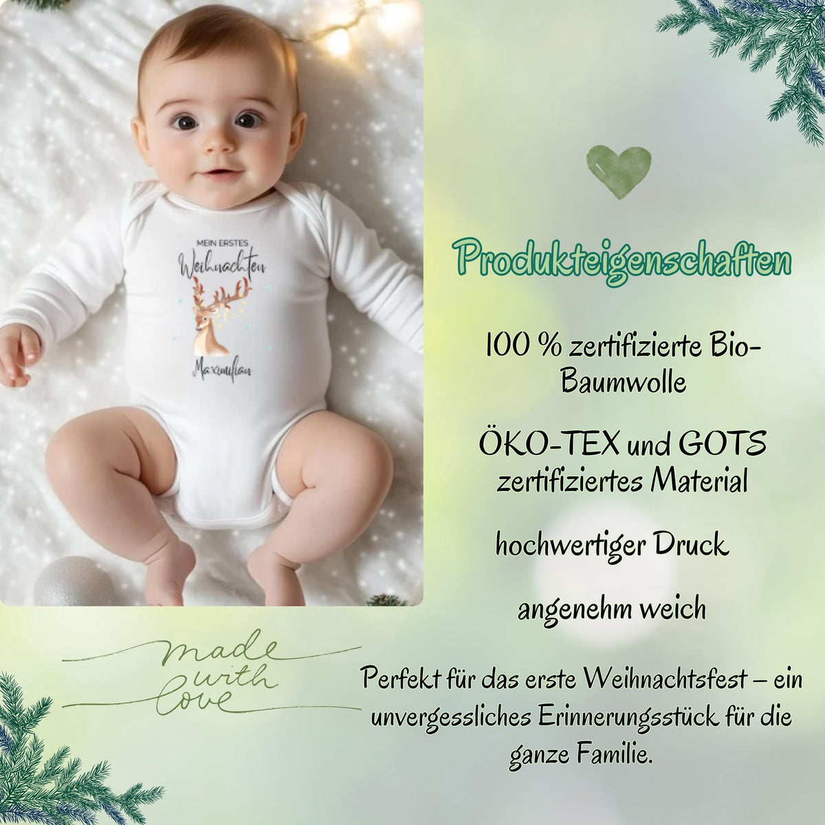 Personalisierter Babybody Weihnachten aus weicher Baumwolle mit dem Schriftzug „Mein erstes Weihnachten“. Dieser Langarmbody ist das perfekte Outfit für Babys erstes Weihnachtsfest und ein wunderschönes Geschenk für Eltern, Paten oder Großeltern. Der Druck ist hochwertig, langlebig und farbintensiv. Durch die bequeme Passform eignet sich der Body ideal für Fotoshootings, Familienfeiern oder kuschelige Wintertage. Ein festlicher Weihnachtsbody Baby, der Erinnerungen schafft.