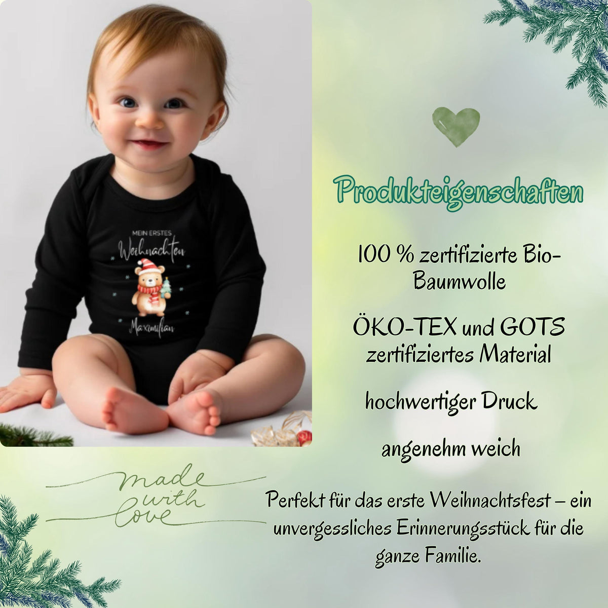 Weihnachten Babybody Langarm mit dem Aufdruck „Mein erstes Weihnachten“, individuell mit Namen personalisiert. Der Body besteht aus hochwertiger, weicher Baumwolle, die sanft auf der Haut liegt und auch nach vielen Wäschen formstabil bleibt. Ideal für das erste Weihnachtsfest, für festliche Fotoshootings oder als liebevolles Geschenk für frischgebackene Eltern. Ein hochwertig verarbeiteter Weihnachtsbody Baby, der mit Komfort und Design überzeugt und unvergessliche Erinnerungen schafft.