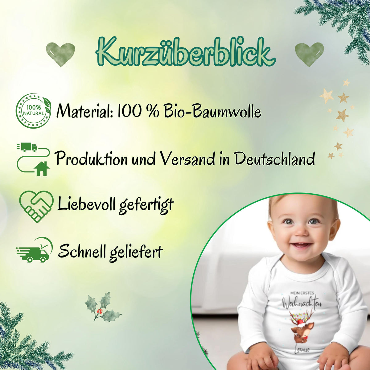 Langarm-Babybody Weihnachten mit Aufdruck „Mein erstes Weihnachten“ – personalisiert mit Namen und gefertigt aus angenehm weicher Baumwolle. Der Body bietet höchsten Tragekomfort und ist ideal für Fotoshootings, Familienfeste oder als liebevolles Geschenk zum ersten Weihnachtsfest. Langlebiger Druck, pflegeleichtes Material und liebevolles Design machen diesen Weihnachtsbody Baby zu einem besonderen Erinnerungsstück, das Eltern und Großeltern begeistert.