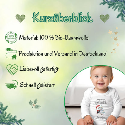 Dieser personalisierte Babybody Weihnachten Langarm mit Namen ist das perfekte Outfit für Babys erstes Weihnachtsfest. Aus hochwertiger Baumwolle gefertigt, bietet er weichen Tragekomfort und ist ideal für Fotoshootings, Feiern oder gemütliche Wintertage. Der Body ist langlebig, pflegeleicht und überzeugt durch einen klaren, hochwertigen Aufdruck. Eine wunderbare Geschenkidee für Eltern, Großeltern oder Paten, die ein liebevolles Erinnerungsstück für Weihnachten suchen.