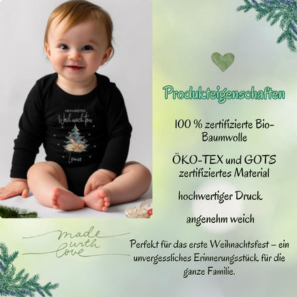 Weicher Langarm-Babybody mit dem Aufdruck „Mein erstes Weihnachten“. Der Body ist personalisiert mit Namen und aus angenehm weicher Baumwolle gefertigt. Perfekt für das erste Weihnachtsfest, für festliche Fotos oder als Geschenk für Eltern, Großeltern oder Paten. Der hochwertige Druck und die langlebige Qualität machen diesen Weihnachtsbody Baby zu einem besonderen Erinnerungsstück für die Feiertage. Langarm-Babybody Weihnachten mit personalisierbarem Namen als Weihnachtsoutfit für Fotoshootings