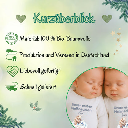 Zwei kleine Wunder feiern unser erstes Weihnachten: der personalisierte Weihnachtsbody Zwillinge besteht aus weicher, nachhaltiger Bio-Baumwolle und ist das ideale Outfit für Babys erstes Weihnachtsfest. Liebevoll gestaltet, mit Namen bedruckt und perfekt für Fotoshootings oder als Geschenkidee. Dieser Babybody Zwillinge Weihnachten bringt doppelte Liebe, doppelte Wärme und festliche Magie in jede Familie – ein hochwertiges Erinnerungsstück und Geschenk für Eltern, Paten oder Großeltern.