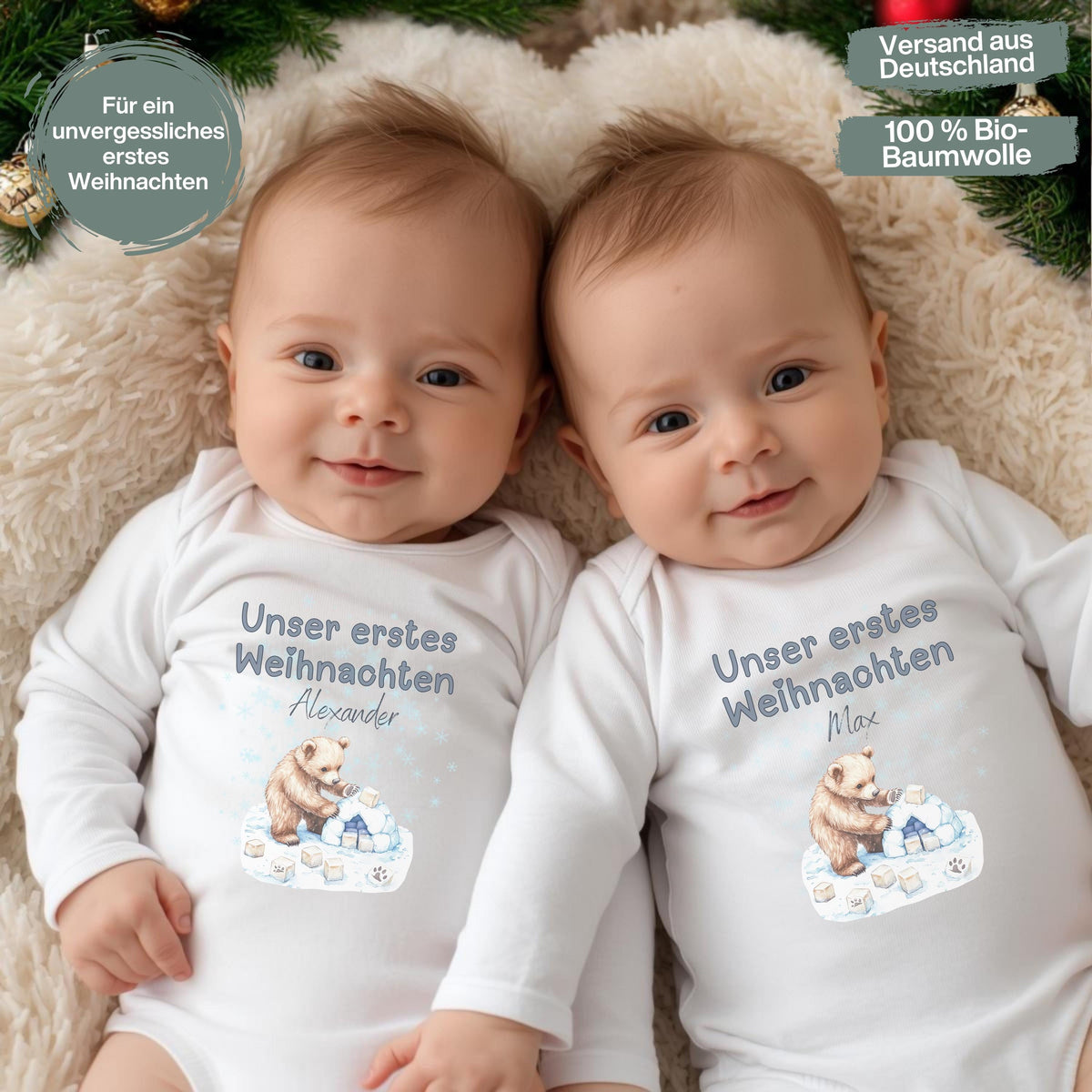 Zwei kleine Wunder feiern unser erstes Weihnachten: der personalisierte Weihnachtsbody Zwillinge besteht aus weicher, nachhaltiger Bio-Baumwolle und ist das ideale Outfit für Babys erstes Weihnachtsfest. Liebevoll gestaltet, mit Namen bedruckt und perfekt für Fotoshootings oder als Geschenkidee. Dieser Babybody Zwillinge Weihnachten bringt doppelte Liebe, doppelte Wärme und festliche Magie in jede Familie – ein hochwertiges Erinnerungsstück und Geschenk für Eltern, Paten oder Großeltern.