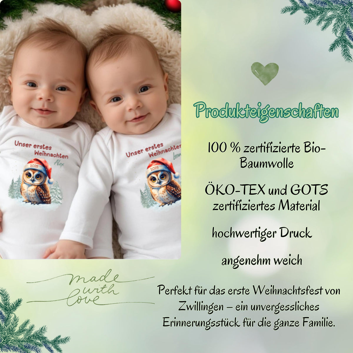 Ein Body, zwei Herzen – der Langarm-Babybody „Unser erstes Weihnachten Zwillinge“ ist ein festliches Weihnachtsoutfit für Babys. Gefertigt aus 100 % Bio-Baumwolle, personalisierbar mit Namen, nachhaltig und hautfreundlich. Perfekt für Familienfotos, als Geschenkidee oder als Andenken an das erste gemeinsame Weihnachtsfest. Dieser Weihnachtsbody Zwillinge personalisiert vereint Stil, Liebe und Nachhaltigkeit – das ideale Geschenk Weihnachten Baby.