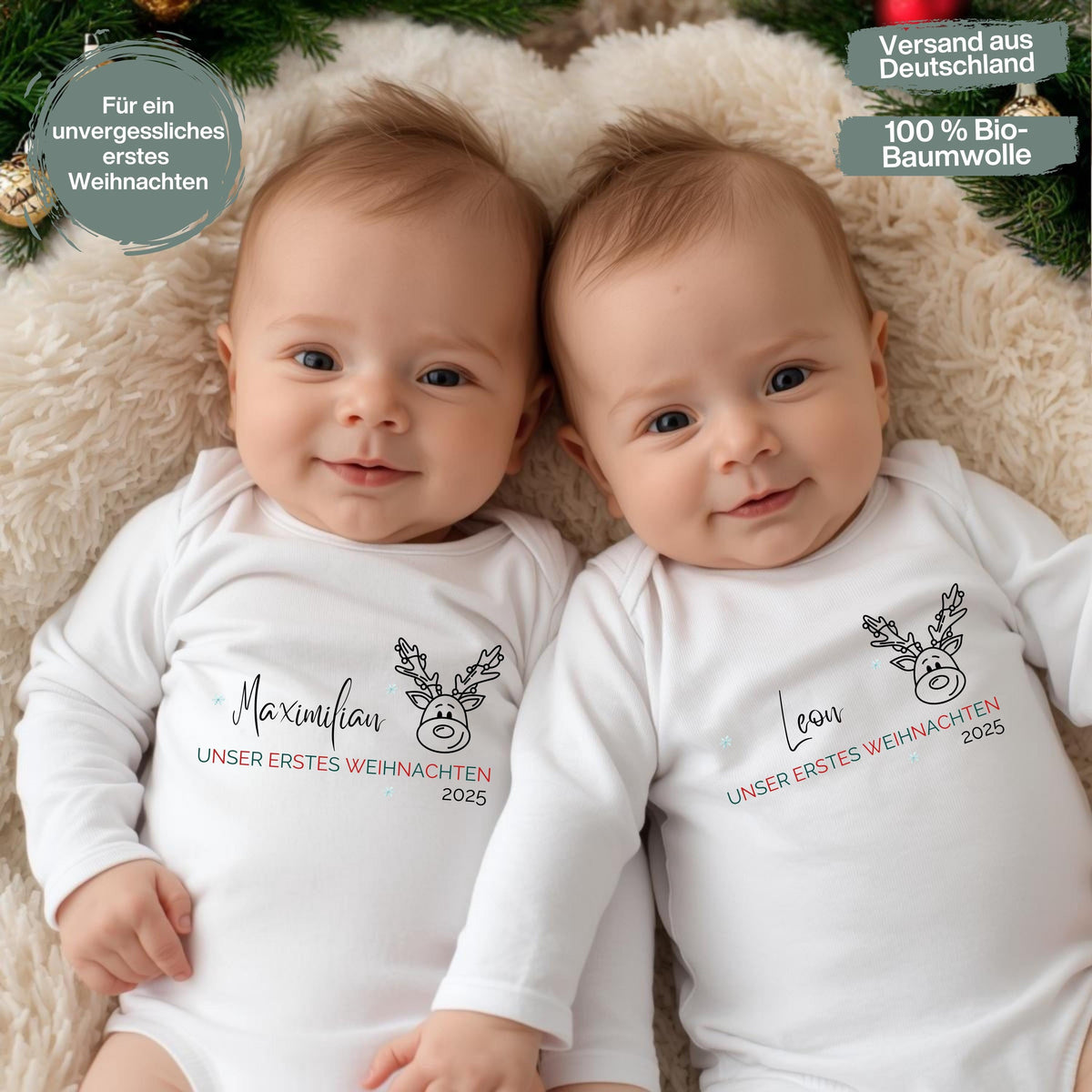 Doppelte Freude unterm Weihnachtsbaum – unser erstes Weihnachten Zwillinge wird mit diesem personalisierten Babybody unvergesslich. Aus weicher Bio-Baumwolle gefertigt, liebevoll bedruckt und auf Wunsch mit Namen personalisiert. Ideal als Weihnachtsgeschenk für Eltern, Großeltern oder Paten. Dieses festliche Weihnachtsoutfit Zwillinge verbindet Emotion, Nachhaltigkeit und Qualität – ein Erinnerungsstück voller Liebe für Babys erstes gemeinsames Fest.