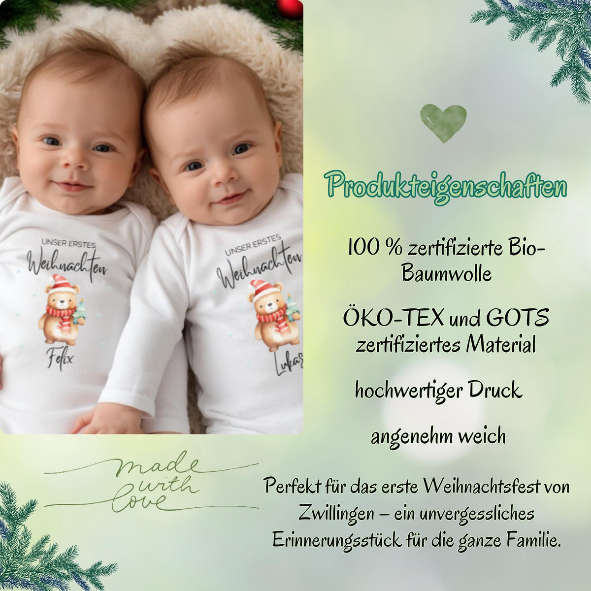 Zwei kleine Sterne feiern unser erstes Weihnachten – der Weihnachtsbody Zwillinge aus Bio-Baumwolle ist personalisierbar, weich und hautfreundlich. Perfekt für Fotos, Familienfeiern oder als Geschenkidee. Dieses nachhaltige Weihnachtsoutfit Baby steht für doppelte Freude, Liebe und die Magie der ersten Weihnachtszeit. Ein hochwertiger Babybody Zwillinge Weihnachten, der Komfort, Stil und Erinnerungswert vereint – ideal als personalisiertes Weihnachtsgeschenk.