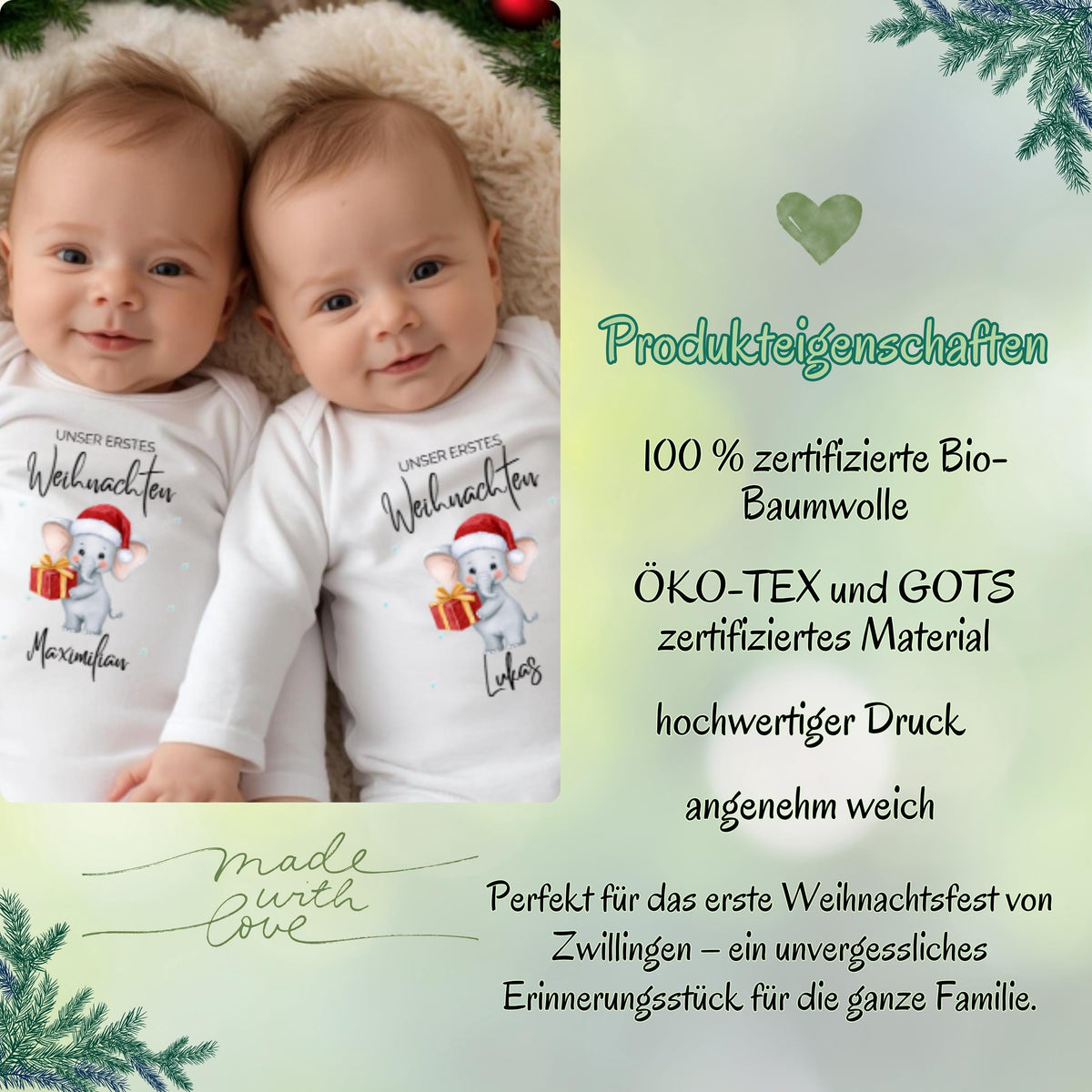 Zwei kleine Engel feiern unser erstes Weihnachten – der Babybody Zwillinge Weihnachten ist ein personalisierbares Weihnachtsoutfit aus Bio-Baumwolle. Weich, langlebig und hautfreundlich, ideal für Familienfotos, Heiligabend oder als Geschenkidee. Dieses liebevoll gestaltete Weihnachtsgeschenk Zwillinge bringt doppelte Wärme, Liebe und Freude ins Fest – ein unvergessliches Erinnerungsstück für Eltern und Großeltern. Weihnachtsbody Zwillinge Geschenkidee Baby Outfit