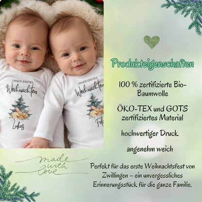 Doppelt süß, doppelt besonders – der Weihnachtsbody Zwillinge „Unser erstes Weihnachten“ ist das perfekte Outfit für das erste gemeinsame Fest. Personalisierbar, aus nachhaltiger Bio-Baumwolle gefertigt und ideal für Fotos oder als Weihnachtsgeschenk. Dieses festliche Babybody Zwillinge Weihnachten Motiv steht für Liebe, Familie und doppelte Weihnachtsfreude – ein hochwertiges Erinnerungsstück und Geschenkidee für Babys.