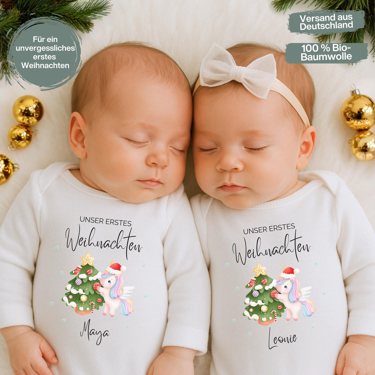 Unser erstes Weihnachten Zwillinge – ein Body voller Liebe und Erinnerungen. Dieser personalisierte Weihnachtsbody besteht aus Bio-Baumwolle, ist kuschelweich, nachhaltig und mit Namen bedruckbar. Ideal für Fotos, Feiern oder als Geschenk für Eltern. Ein emotionales Weihnachtsoutfit, das doppelte Freude schenkt – für Babys erstes gemeinsames Weihnachtsfest und unvergessliche Momente. Der Babybody „Unser erstes Weihnachten Zwillinge“ ist das ideale Weihnachtsoutfit für Babys. Body Zwillinge