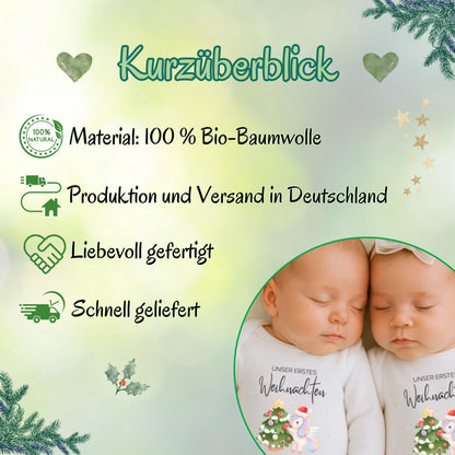 Unser erstes Weihnachten Zwillinge – ein Body voller Liebe und Erinnerungen. Dieser personalisierte Weihnachtsbody besteht aus Bio-Baumwolle, ist kuschelweich, nachhaltig und mit Namen bedruckbar. Ideal für Fotos, Feiern oder als Geschenk für Eltern. Ein emotionales Weihnachtsoutfit, das doppelte Freude schenkt – für Babys erstes gemeinsames Weihnachtsfest und unvergessliche Momente. Der Babybody „Unser erstes Weihnachten Zwillinge“ ist das ideale Weihnachtsoutfit für Babys. Body Zwillinge