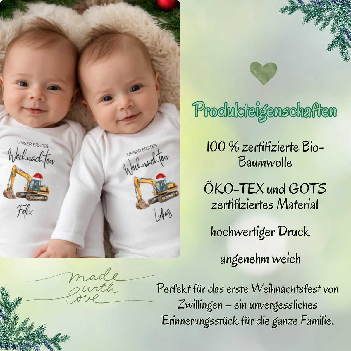 Zwei kleine Herzen erleben ihr erstes gemeinsames Weihnachten – der Babybody „Unser erstes Weihnachten Zwillinge“ ist das perfekte Outfit für Fotoshootings, Familienfeiern oder als Geschenkidee. Personalisierbar, aus Bio-Baumwolle gefertigt und liebevoll gestaltet. Dieses Weihnachtsoutfit Zwillinge steht für Nachhaltigkeit, Wärme und doppelte Weihnachtsfreude – ein besonderes Erinnerungsstück für Eltern, Großeltern und Paten.
Weihnachtsbody Zwillinge Geschenkidee Babybody Langarm