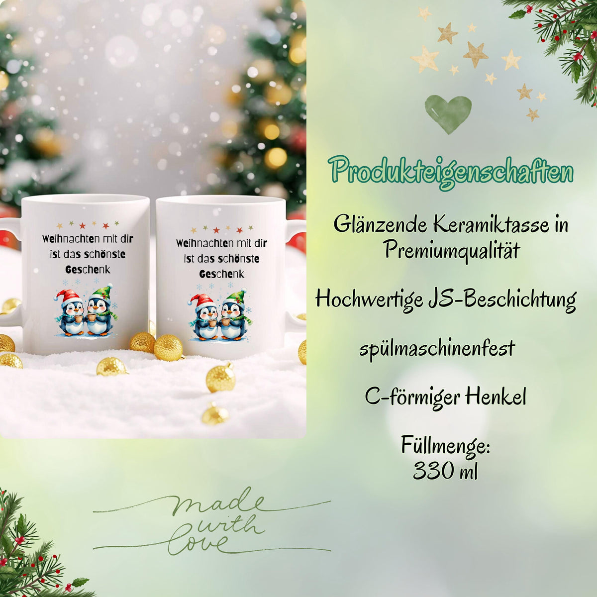 Weihnachtstasse mit Spruch „Weihnachten mit dir ist das schönste Geschenk“ als originelle Geschenkidee für Freundin, Partnerin, Kollegin oder Ehefrau. Die Kaffeetasse zeigt zwei niedliche Pinguine mit Weihnachtsmütze, die Kakao halten – perfekt für Winter, Advent und Weihnachtszeit. Lustige Tasse Weihnachten für Paare, Familien, Büro oder Zuhause. Hochwertiger Keramikbecher, ideal als kleines Geschenk, Wichtelgeschenk oder Weihnachtsgeschenk für Frauen, Pinguin-Fans, Kollegen, Kaffeeliebhaber.