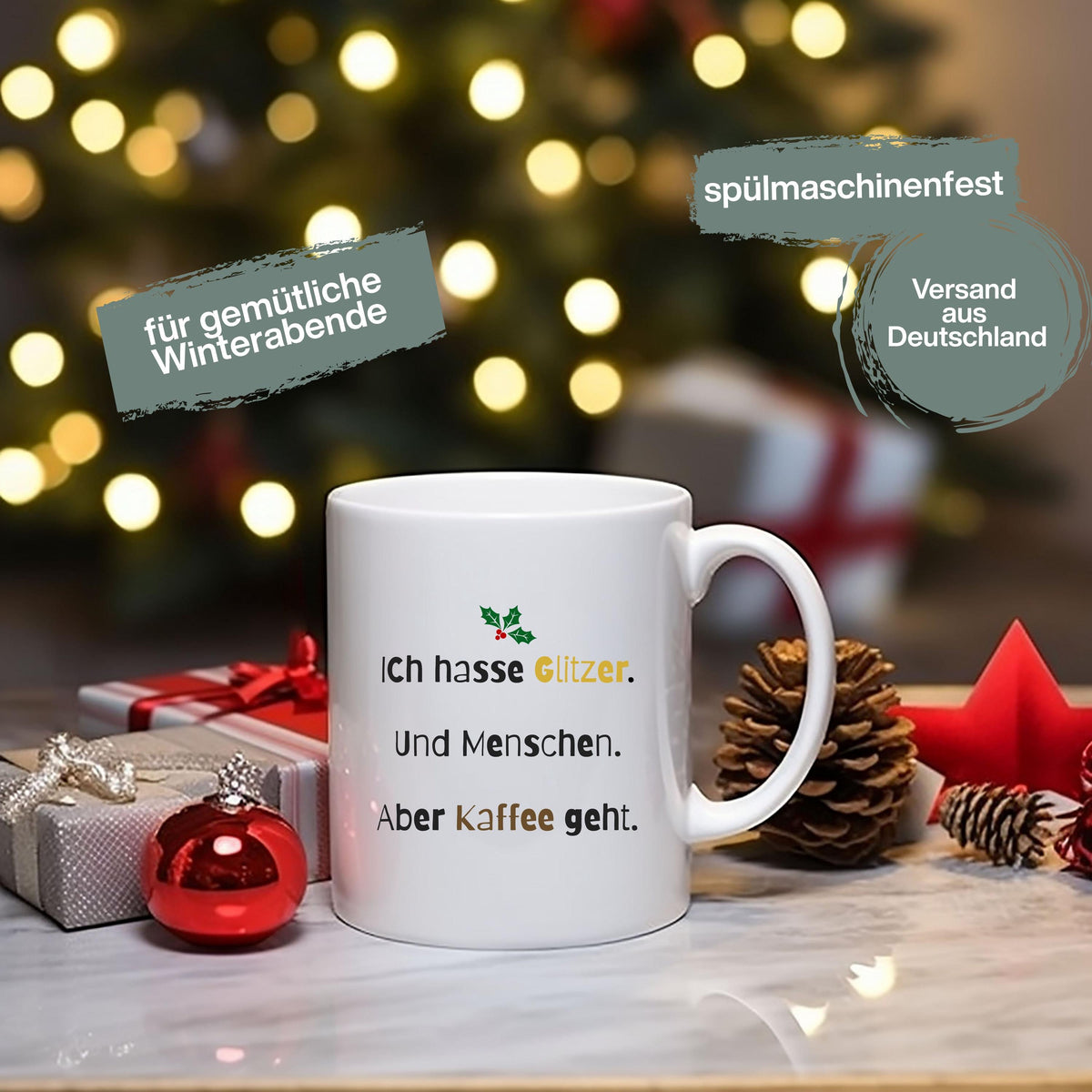 Lustige Anti-Weihnachten Tasse aus Keramik mit schwarzem Schriftzug „Ich hasse Glitzer. Und Menschen. Aber Kaffee geht.“ – originelles Weihnachtsgeschenk für Kaffee-Liebhaber, Weihnachtsmuffel und Kolleginnen mit trockenem Humor. Perfekt als witzige Nikolausidee, Geschenk für die Kollegin, Glühweintasse, witziges Wichtelgeschenk oder kleine Geschenkidee zu Weihnachten. Für alle, die Weihnachten nicht feiern, aber Kaffee lieben – ideal als Becher für Büro, Homeoffice oder Adventskalender.