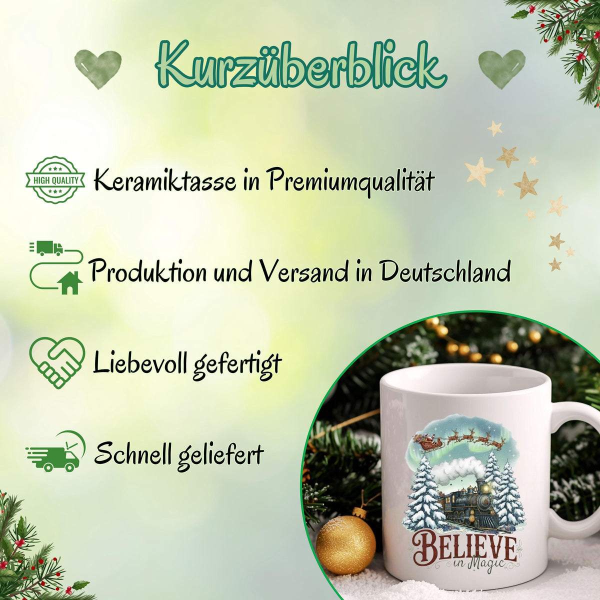 Weihnachtstasse Believe in Magic | Weihnachtsgeschenk Familie Freundin Mama | Keramiktasse Weihnachten Kaffee | Wichtelgeschenk Tasse Winter