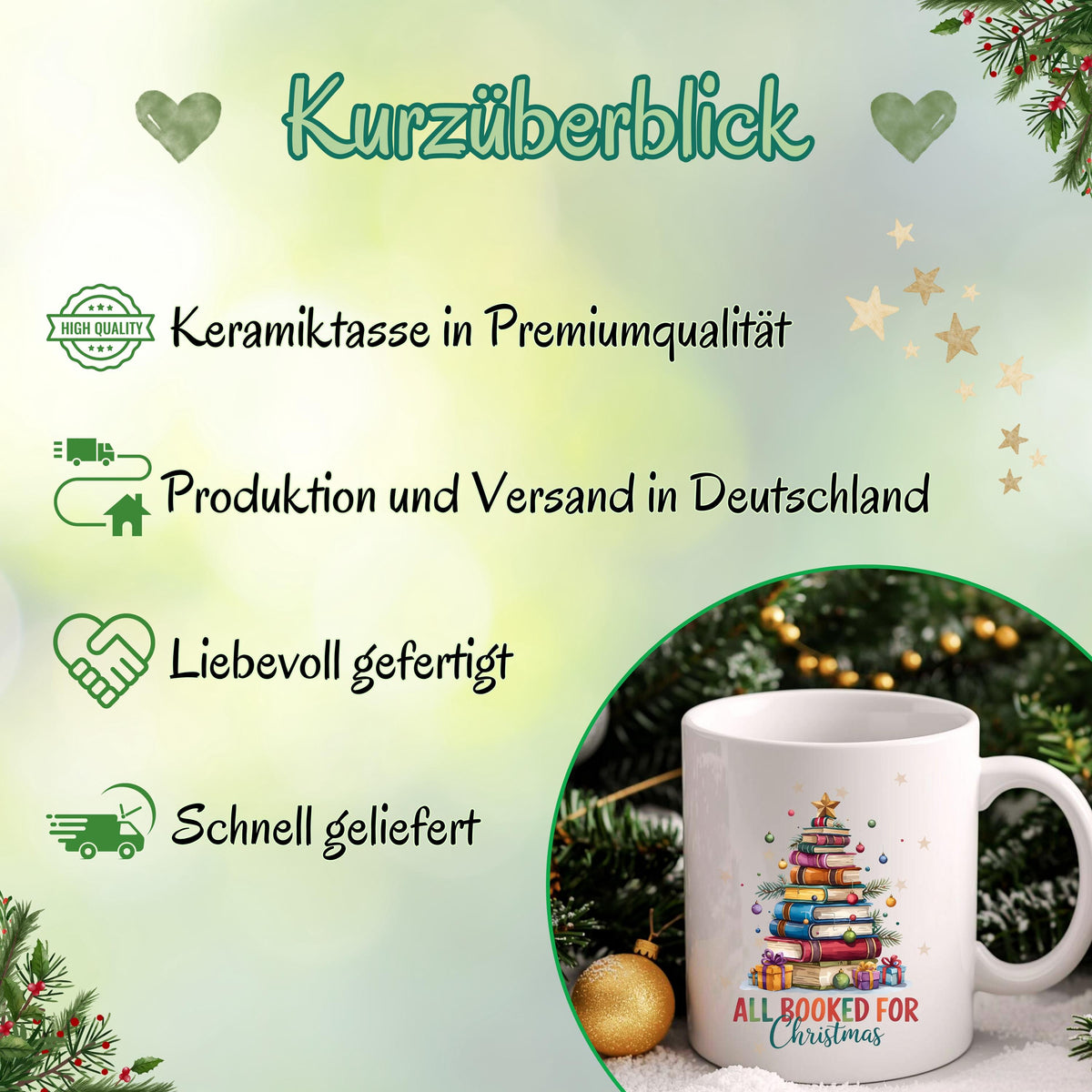 Witzige Weihnachtsgeschenk Tasse mit Bücher-Stapel und Spruch „All Booked for Christmas“. Perfekt für Buchliebhaber, Leseratten und Vielleser. ideal als tasse mit spruch für Frauen Männer als kaffeetasse mit Spruch für Kollegin oder Freundin, oder als lustige tasse Weihnachten. Auch als Wichtelgeschenk, kleines Geschenk zu Weihnachten oder Nikolausgeschenk geeignet. Für Literaturfans, Bibliophile und Tee- oder Kaffeeliebhaber. Keramikbecher mit Humor für gemütliche Lesestunden in der Winterzeit.